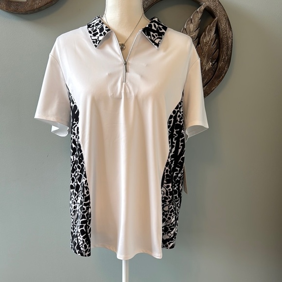 Chico's White and Black Patterned Zip Polo - Picture 1 of 6
